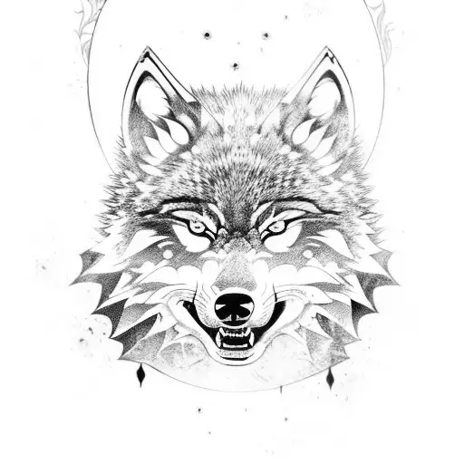 A fierce wolf wearing a samurai armor and holding a katana tattoo design idea