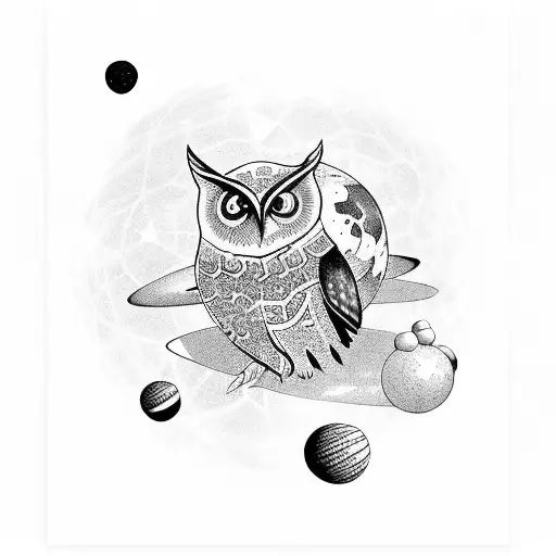 A cosmic owl playing soccer in outer space tattoo design idea