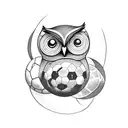 A cosmic owl playing soccer in outer space tattoo design idea