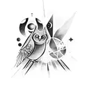 A cosmic owl playing soccer in outer space tattoo design idea