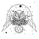 A cosmic owl playing soccer in outer space tattoo design idea