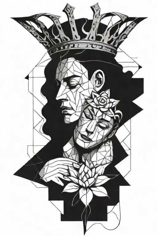 a guy wearing a crown of thorns hugging a lady crying, surrounded by lotus flowers, picasso tattoo design idea