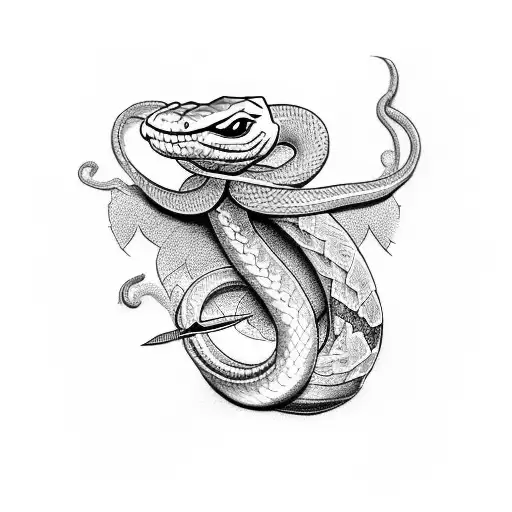 A money-themed tattoo featuring a snake and a dagger, with a dotwork style tattoo design idea