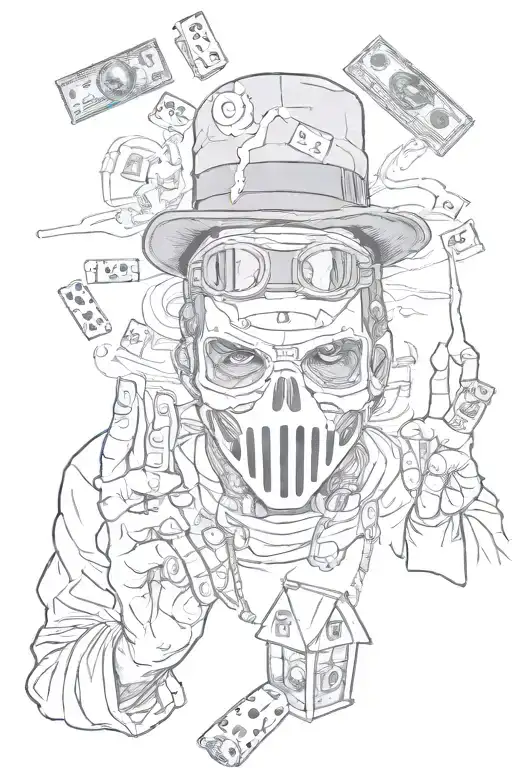 dice, money, movie, fireskull wit money eyes, trap house, ski mask, prayer hands, gun, bullets, weed leaf wit smoke,  tattoo design idea