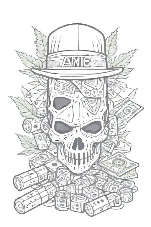 dice, money, movie, fireskull wit money eyes, trap, ski mask, prayer hands, gun, bullets, weed leaf wit smoke,AMC letter tattoo design idea