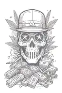 dice, money, movie, fireskull wit money eyes, trap, ski mask, prayer hands, gun, bullets, weed leaf wit smoke,AMC letter tattoo design idea