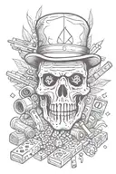 dice, money, movie, fireskull wit money eyes, trap, ski mask, prayer hands, gun, bullets, weed leaf wit smoke,AMC letter tattoo design idea