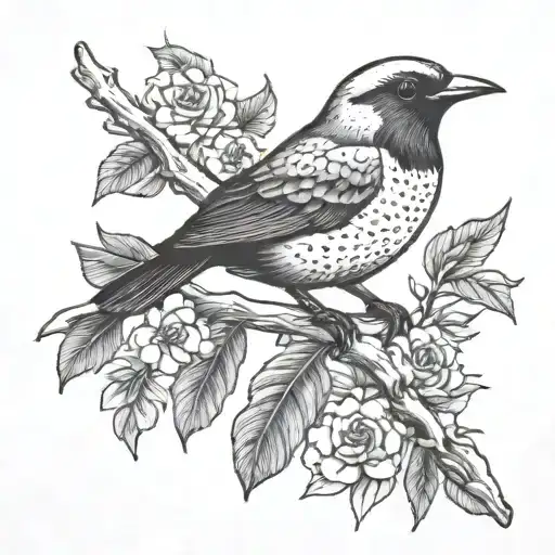 an Hawaiian Elepaio bird sitting on a sandalwood branch  tattoo design idea