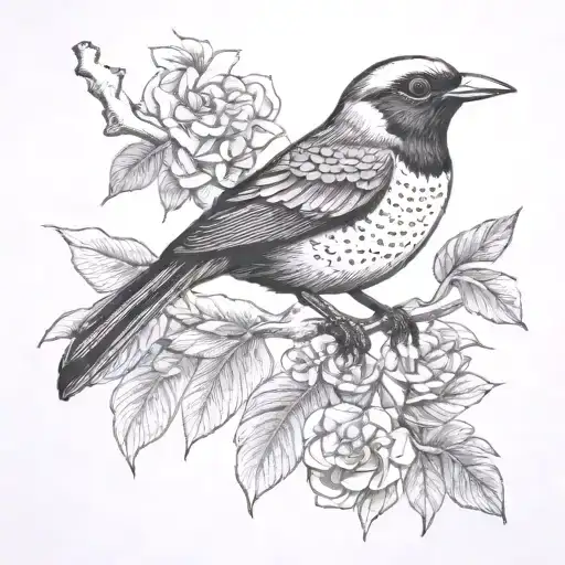 an Hawaiian Elepaio bird sitting on a sandalwood branch  tattoo design idea