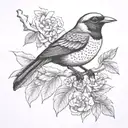 an Hawaiian Elepaio bird sitting on a sandalwood branch  tattoo design idea