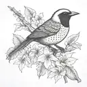 an Hawaiian Elepaio bird sitting on a sandalwood branch  tattoo design idea