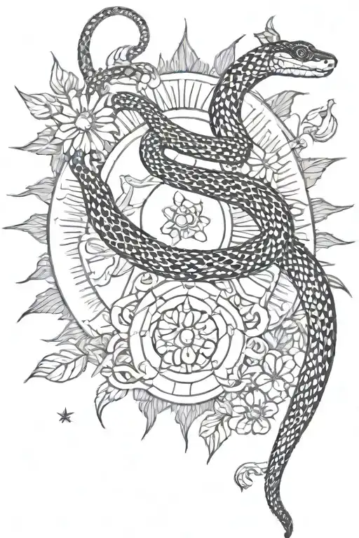 Snake, sun, flower, and moon  tattoo design idea