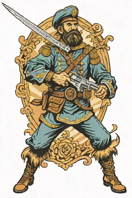 sleeve tattoo of a Ukrainian Cossack with a saber and a gun on the battlefield in the middle of a fierce battle tattoo design idea