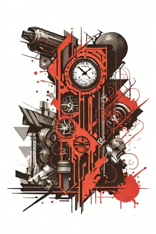 A full sleeve tattoo inspired by brutalist and art deco architecture tattoo design idea