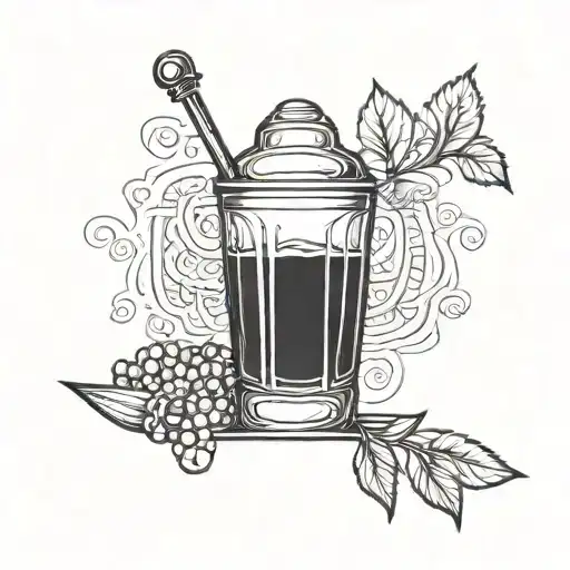 A blackwork tattoo of a stylized cocktail shaker with a subtle image of Jesus Christ incorporated into the design, representing your passion for mixology and faith tattoo design idea