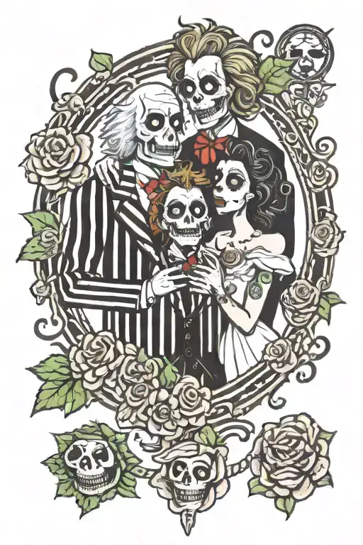 cartoon  Beetlejuice and Lydia wedding scene tattoo design idea