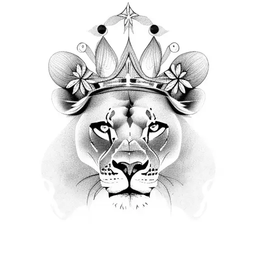 lioness woth crown ans flowers  tattoo design idea