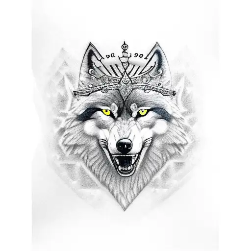 angry alpha wolf wearing a crown tattoo design idea