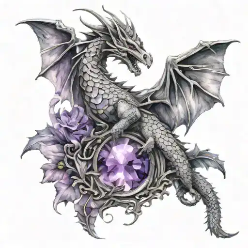dragon protecting amethyst stone surrounded tattoo design idea