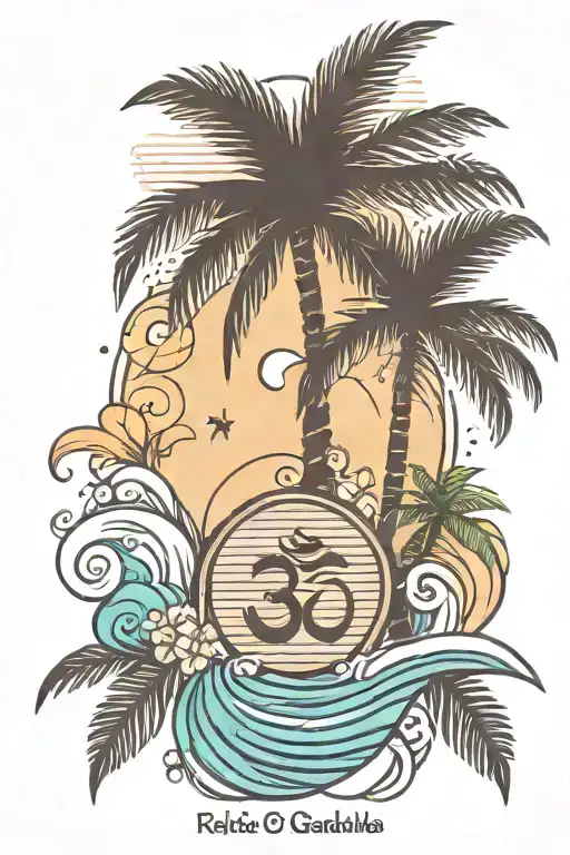 simple design of a simple palm tree and OM symbol and ocean wave and some simple flowers tattoo design idea