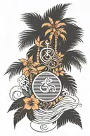 palm tree and OM symbol and ocean wave and some flowers tattoo design idea