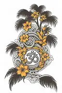palm tree and OM symbol and ocean wave and some flowers tattoo design idea
