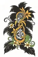 palm tree and OM symbol and ocean wave and some flowers tattoo design idea