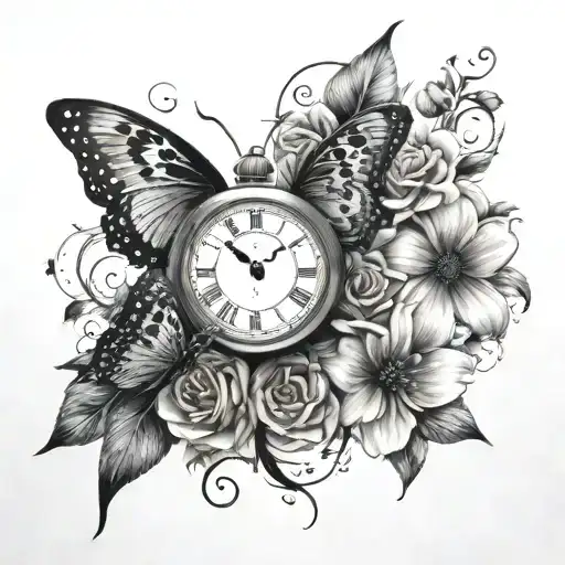 butterfly clock n flower tattoo tattoo design idea