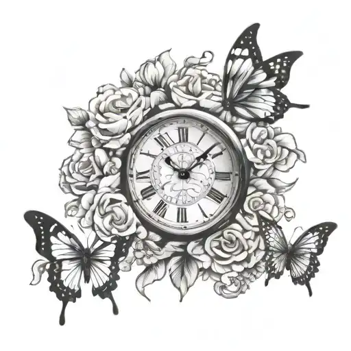 clock, butterfly n flowers surrounding tattoo design idea