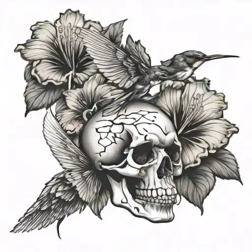 skull, blood, hummingbird, hibiscus flower tattoo design idea