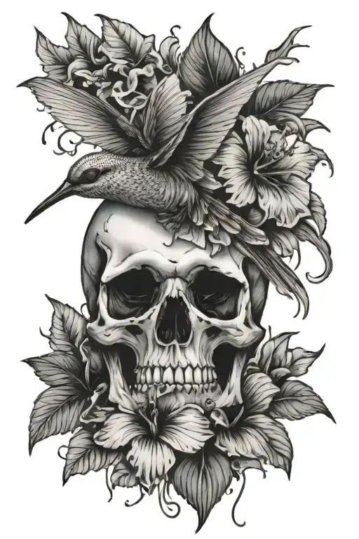 skull, blood dripping, hummingbird, hibiscus flower tattoo design idea