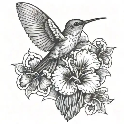 skull, blood dripping, hummingbird, hibiscus flower, gory  tattoo design idea