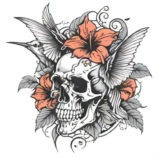 skull, blood dripping, hummingbird, hibiscus flower tattoo design idea