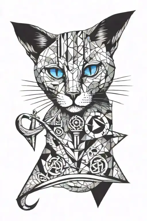 cat with one blue eye and an upside down boat anchor for a nose tattoo design idea