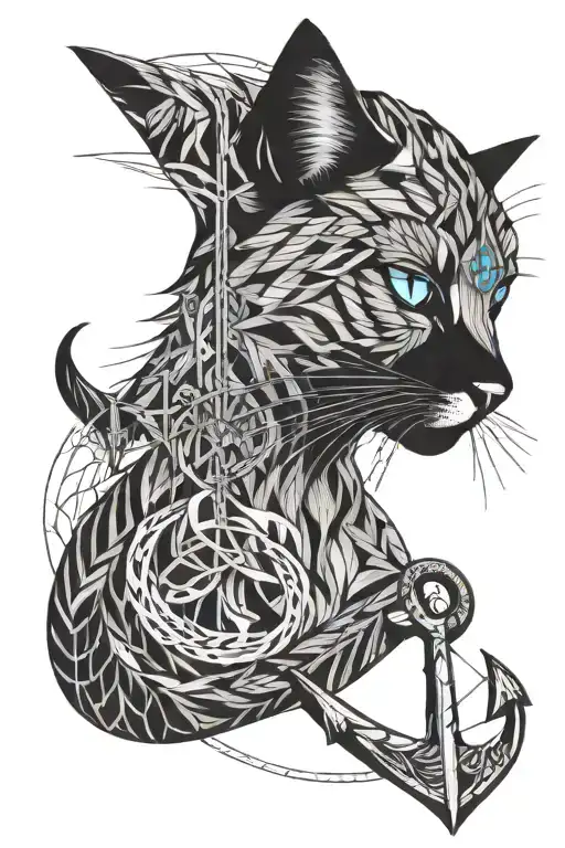 long haired cat with one blue eye and an upside down boat anchor for a nose tattoo design idea