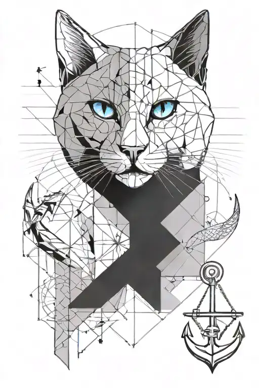 cat with one blue eye and an upside down boat anchor for a nose tattoo design idea