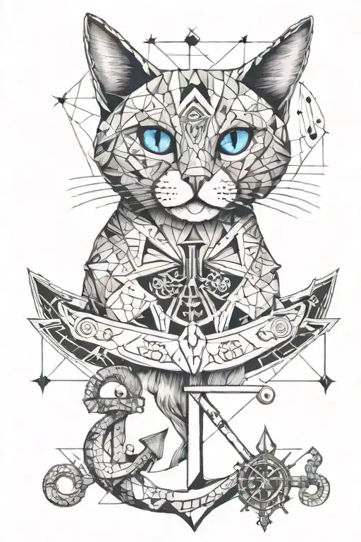 cat with blue eye and boat anchor instead of nose tattoo design idea