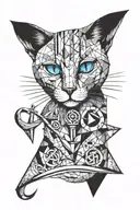 cat with one blue eye and an upside down boat anchor for a nose tattoo design idea