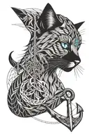long haired cat with one blue eye and an upside down boat anchor for a nose tattoo design idea