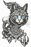 long haired cat with one blue eye and an upside down boat anchor for a nose tattoo design idea