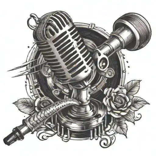 A microphone and film reel intertwined to symbolize a love for music and cinema tattoo design idea
