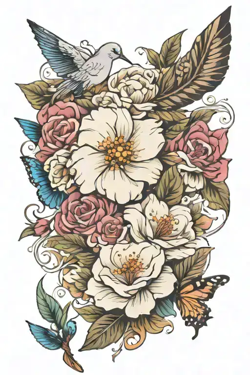 flower, dove, butterfly tattoo design idea