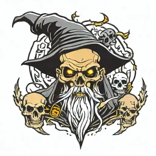 evil wizard with skulle, mushrooms and Lightning bolts flowing around him tattoo design idea