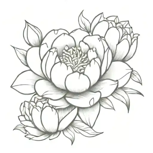 peony and water lily intertwined small line art tattoo design idea