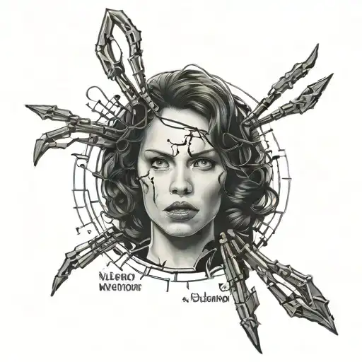 black widow with WW on the back tattoo, a quote saying "out of sight out of mind", and a quote saying "why so serious" tattoo design idea