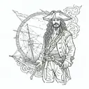 Captain Jack Sparrow's silhouette standing on the deck of his ship, the Black Pearl. Behind him, a majestic and intricat tattoo design idea