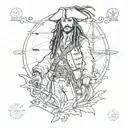 Captain Jack Sparrow's silhouette standing on the deck of his ship, the Black Pearl. Behind him, a majestic and intricat tattoo design idea