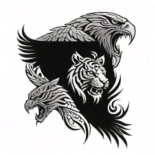 A tribal-inspired design featuring a tiger and eagle facing off, showcasing power and resilience tattoo design idea