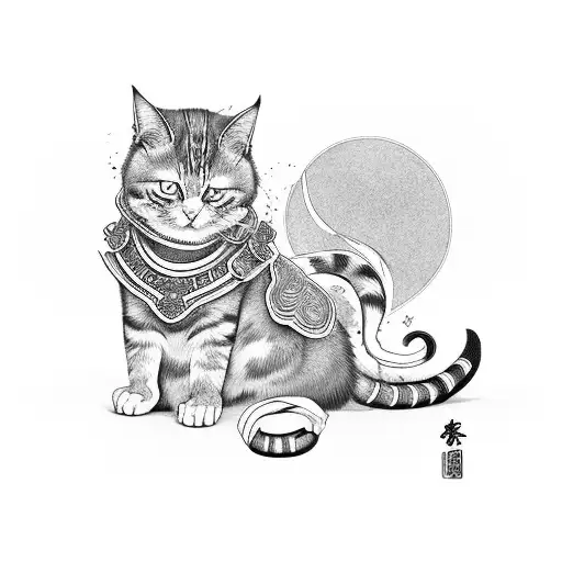 samurai cat in  japonese style tattoo design idea