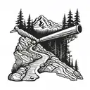 A baseball bat morphing into a hiking trail leading up a mountain tattoo design idea